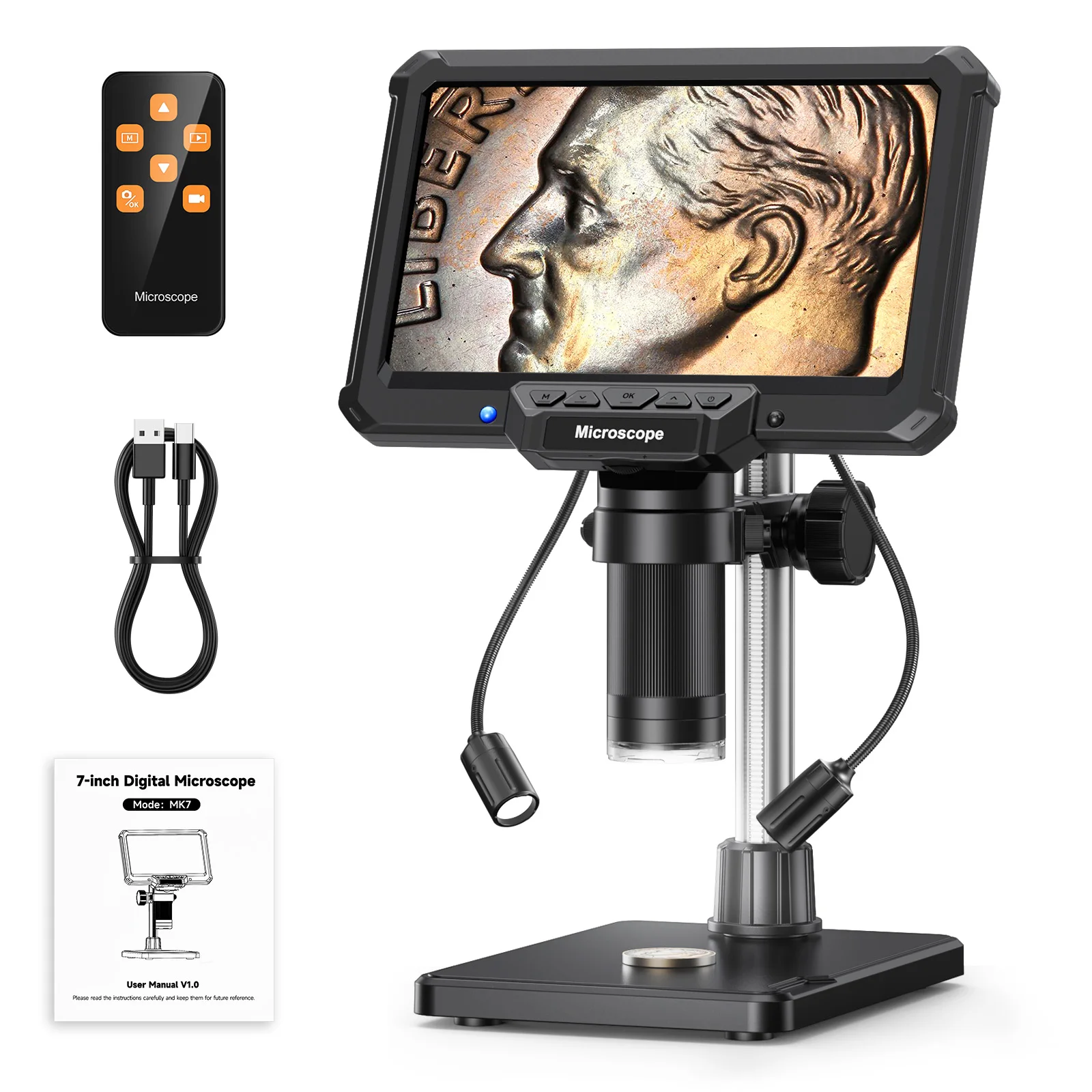 7inch Digital Microscope with Lights Electronic Repair Microscope for Coins, Pla