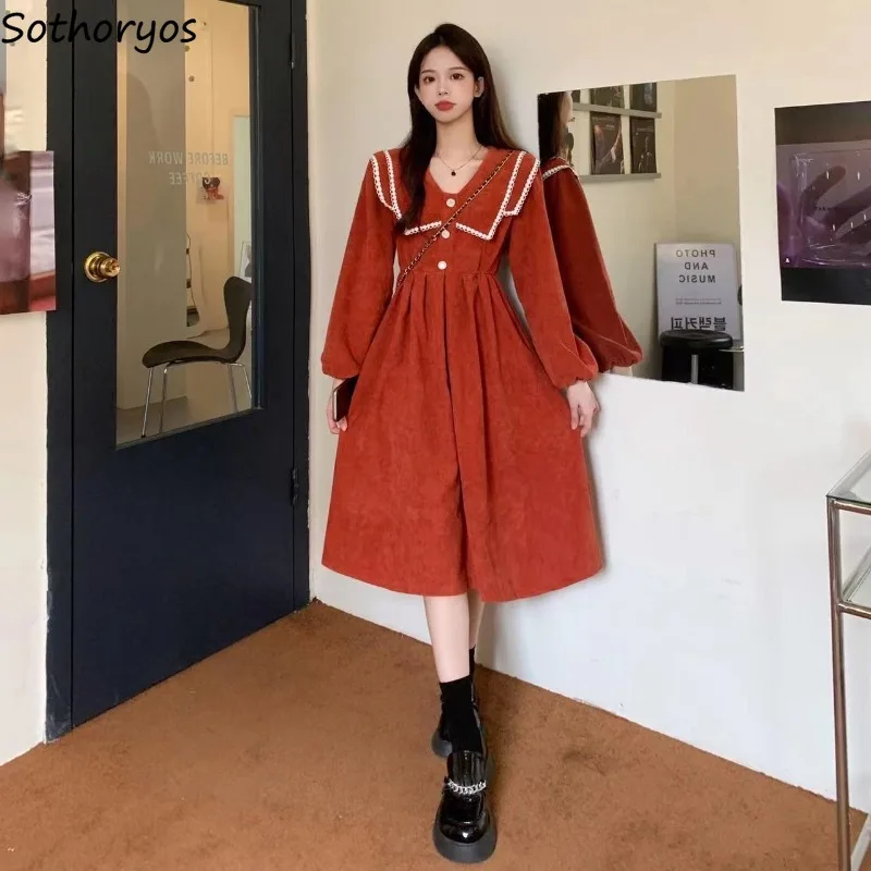 

Corduroy Dress Women Fashion Lace Peter Pan Collar Vintage Party French Style Aesthetic Fairycore Girlish Soft Vestidos De Mujer