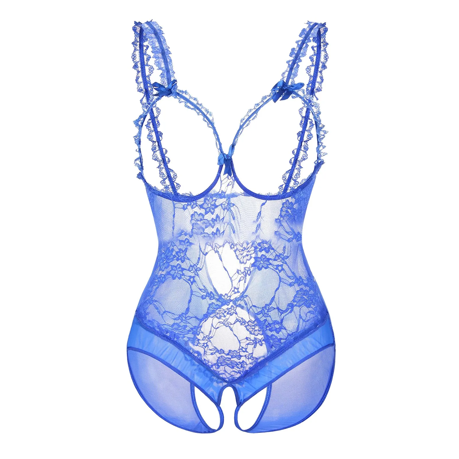 Women's Fun Underwear Lace Open Crotch Dew Breast See Through Sexy Bodysuit Underwear Sleeping Women Night Shirt Rose Satin