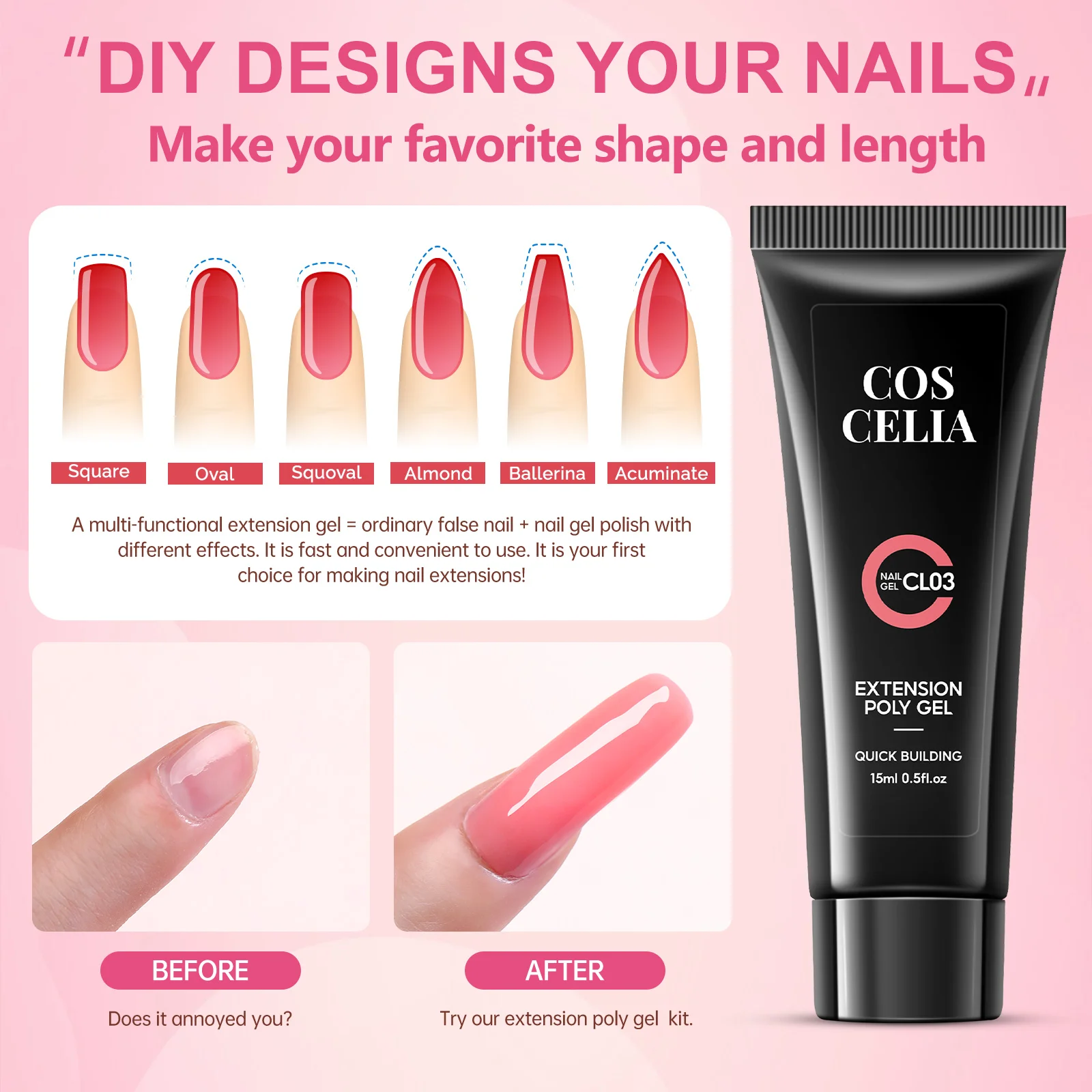 Coscelia Nail Starter Kit with 3PCS 15ML Poly Extension Gel 10ml Slip Solution and 100pc Quick Building Mold Tips Manicure Tools 5