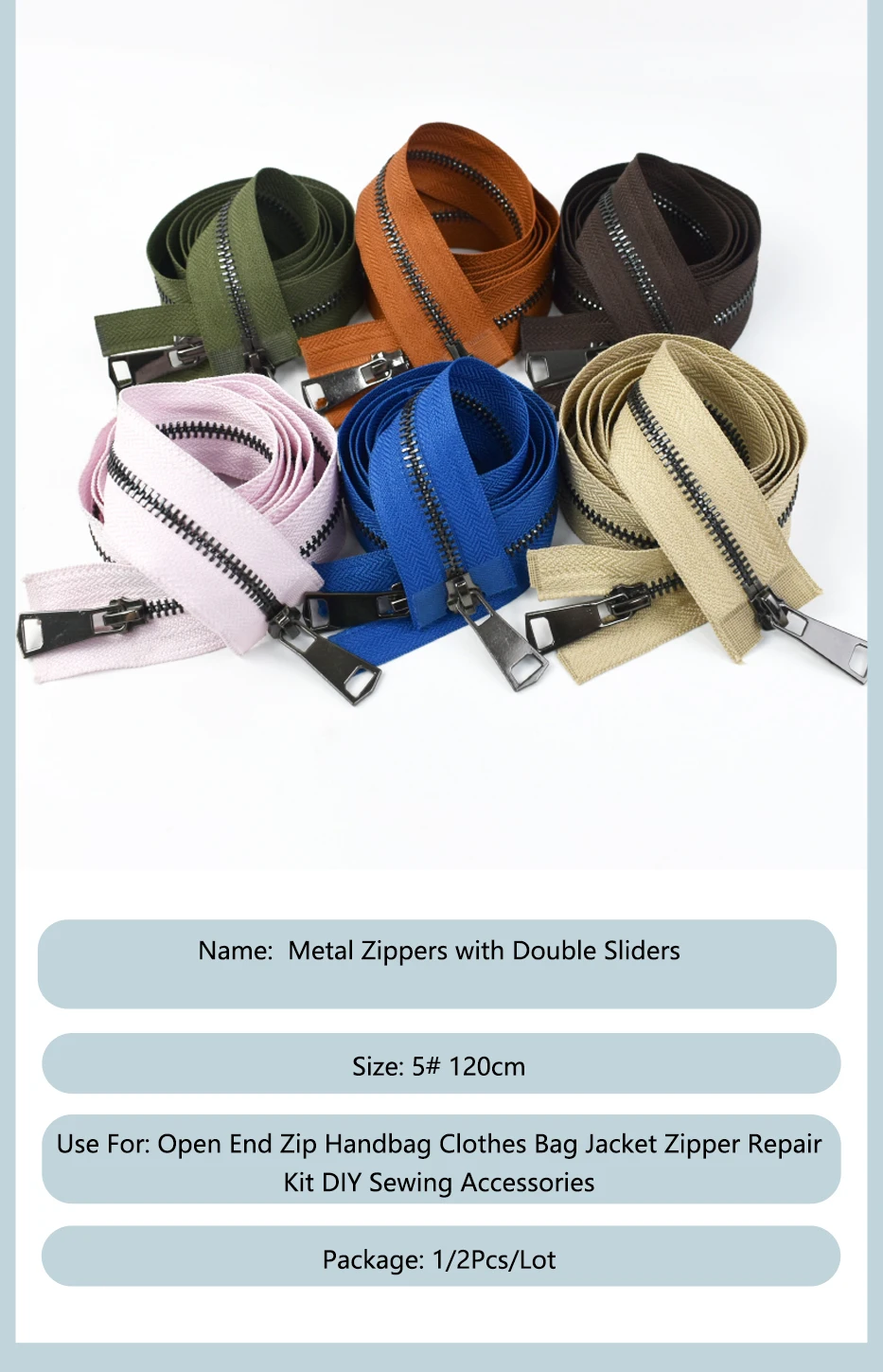 1/2Pcs 5# 120cm Metal Zippers Double Sliders Open-end Zips Auto