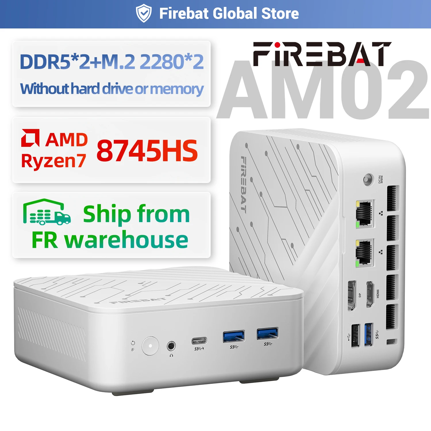Mini PC Firebat A5P AM02, Ryzen7 8745HS 8C/16T 4.9GHz, Radeon 780M, 16 Go de DDR5 5600 MHz, SSD 512 Go, WiFi6, BT5.2, pour jeux