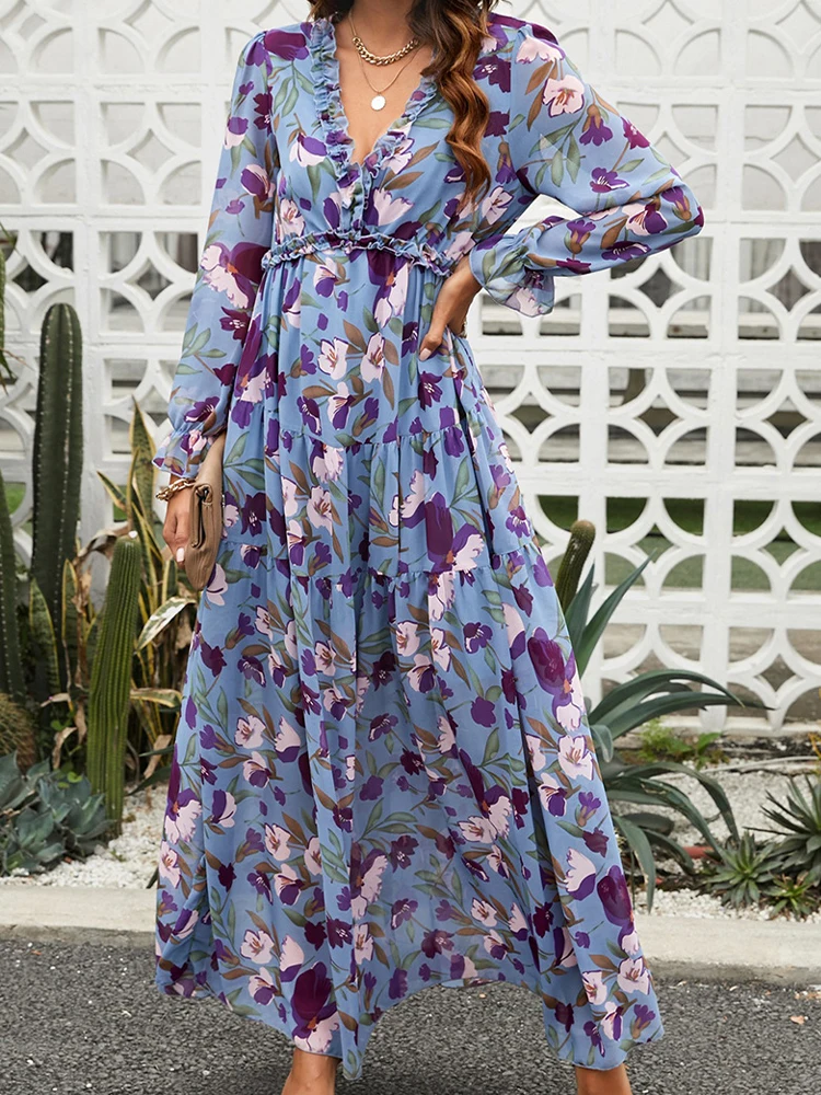 

Vintage Boho Dress Women Elegant Floral Print Chiffon Long Dresses Female Autumn Casual Long Sleeve Ruffle A Line Holiday Dress