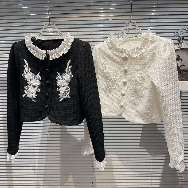 

Женское короткое пальто с вышивкой, черно-белое Плиссированное пальто с вырезом и цветочной вышивкой, верхняя одежда на осень