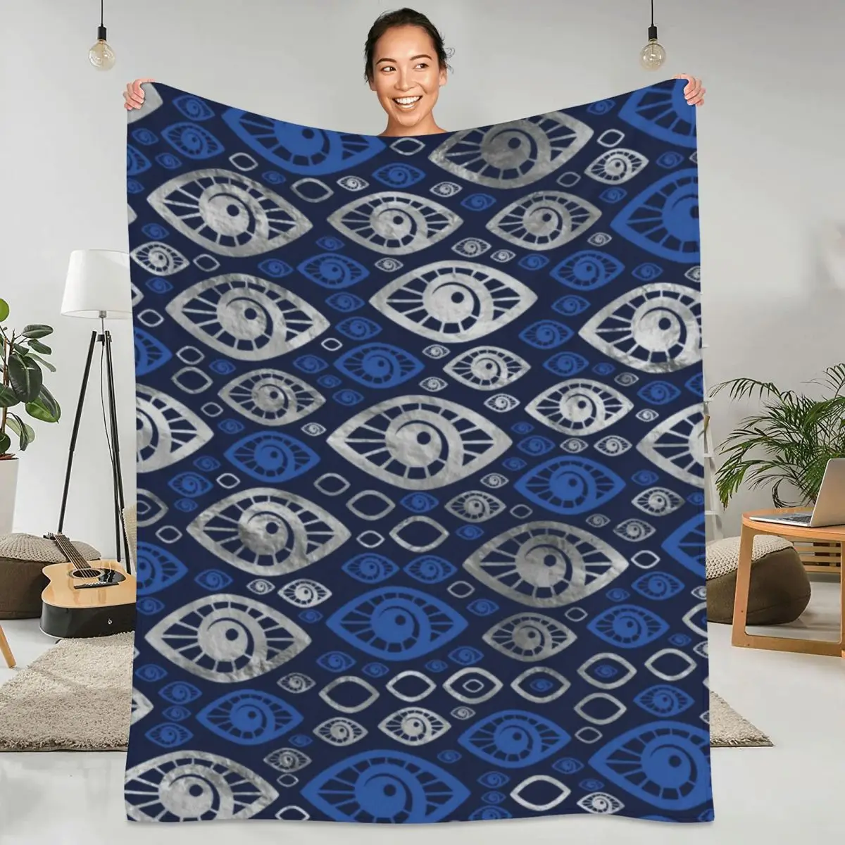 

Greek Amulet Evil Eye Flannel Blanket Blues and Silver Eyes Vintage Warm Soft Throw Blanket for Couch Bed Camping Fun Bedspread