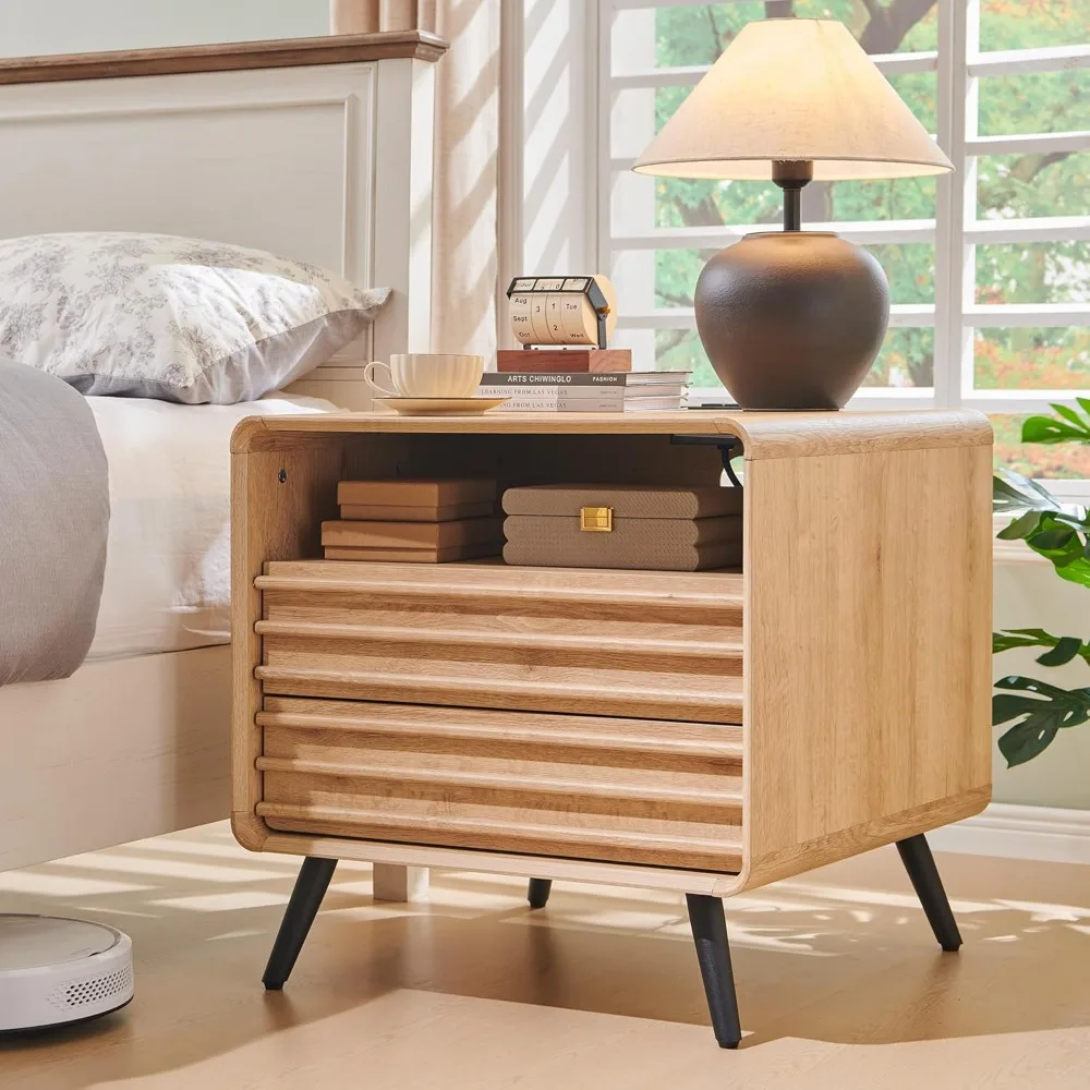 24" Nightstand with Charger Station, Mid Century Modern Fluted End Table with 2 Drawers, Wooden Side Table with Open Cubby Stor 1