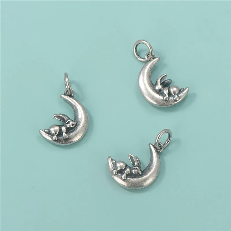 TrustDavis Real 925 Sterling Silver Fashion Sweet Cute Moon Rabbit Charm Pendant Handmade DIY Accessories Fine Jewelry HY495