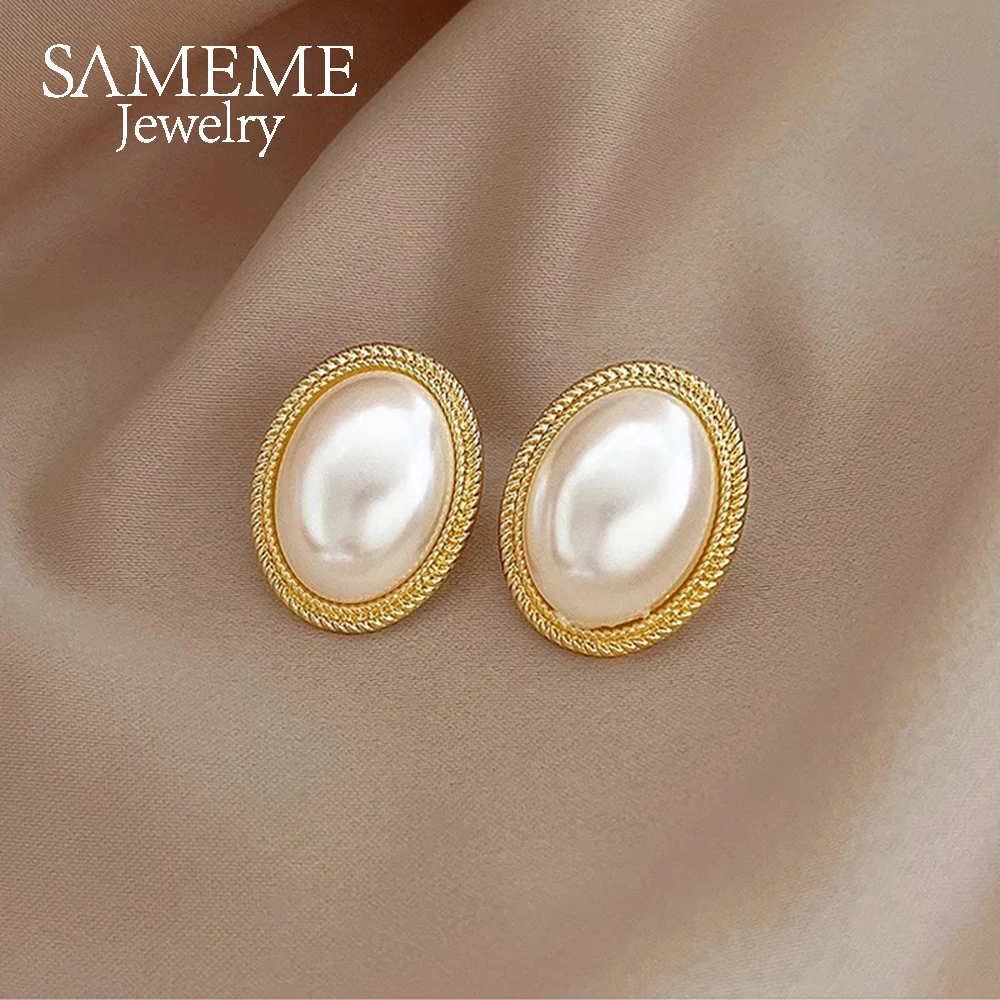 

SAMEME Golden Oval Baroque Pearl Stud Earrings Delicate Women's Jewelry Valentine's Day Gift Imitation Pearl Stud Earrings