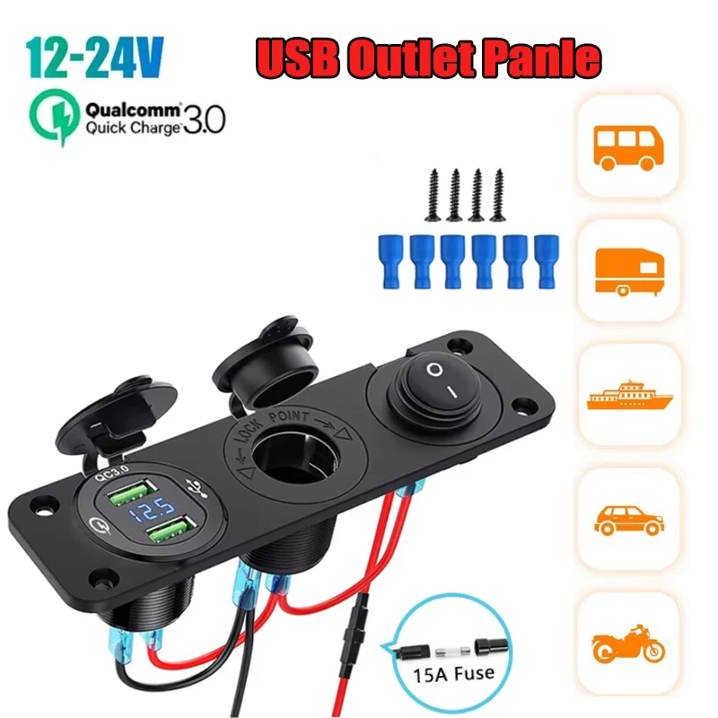 KEBIDUMEI 12V Cigarette Lighter Socket Cigarette Lighter Outlet Quick Charge 3.0 Outlet Panel with Swith for RV Marine Boat