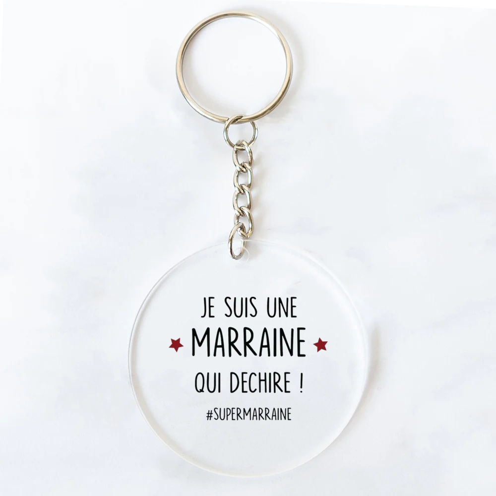 Best Godmother In World Print Keychain Circle Monogram Acrylic Keyring Fashion Key Chain Festive Birthday Gifts for Marraine