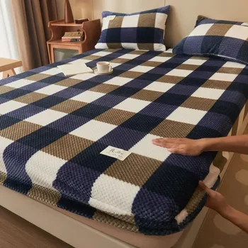 Winter warm coral fleece fitted sheet elastic mattress cover 150x200 fluffy plush bed linen luxury double bed king size 1