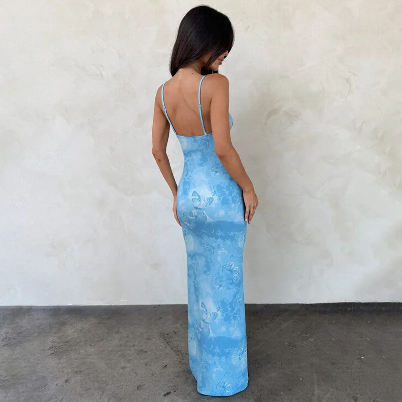 Elegant Y2k Fashion Women's Suspender Hollow Butterfly Print Tight Dress Summer New Kinked Backless Women's Casual Blue Dress