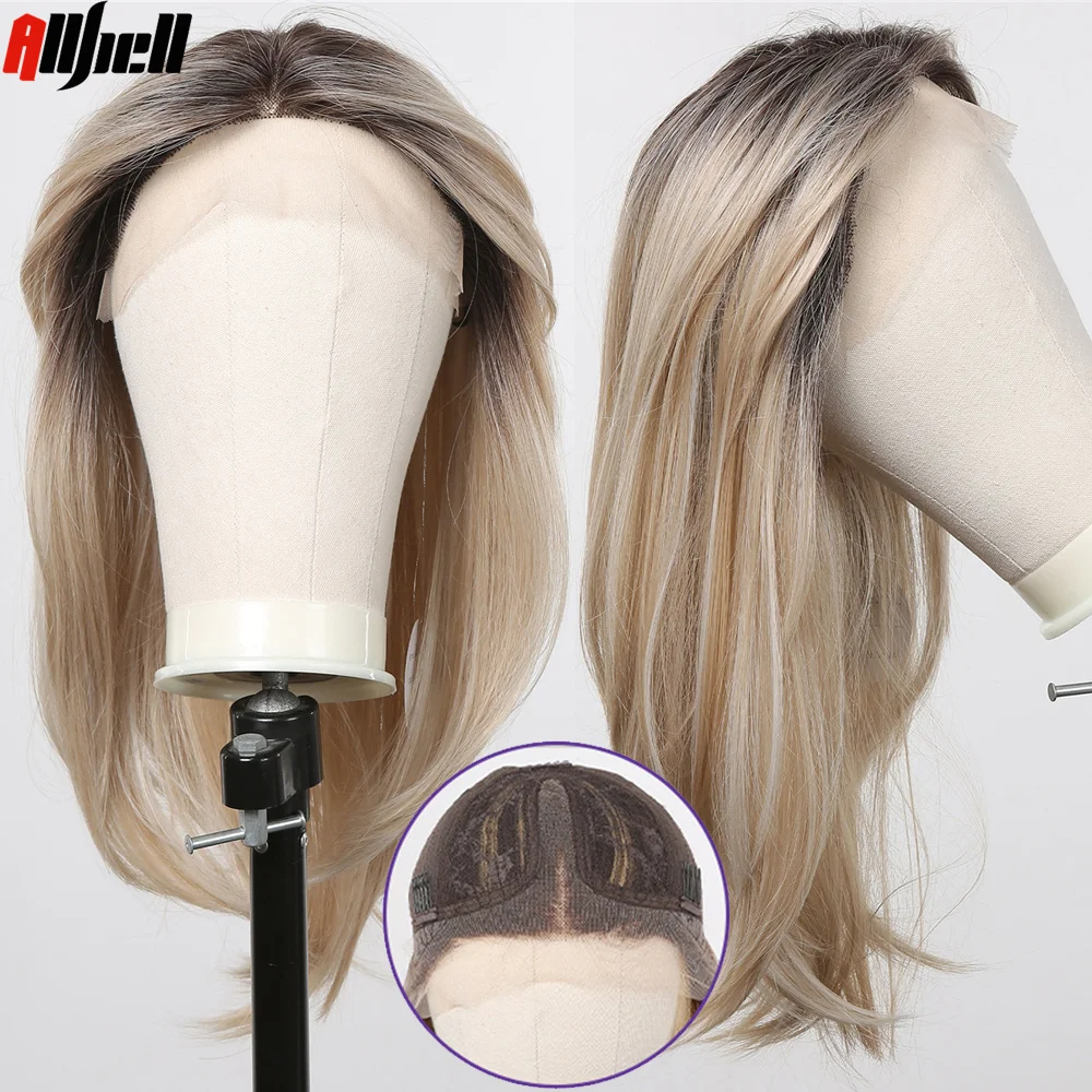 

Long Mixed Blonde Lace Front Synthetic Wigs Ombre Brown Layered Straight Hair with Bangs for Black Women Daily Cosplay Lace Wig