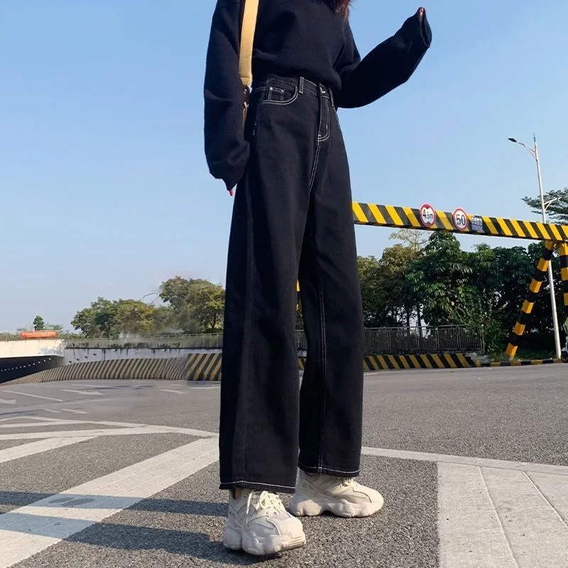 Jeans Women All-match Korean Style Mopping Trousers Denim Vintage Black Solid High Waist Autumn Baggy Chic Female Casual Pants