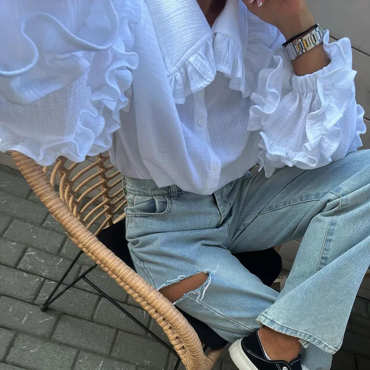 White Ruffled Casual Shirts For Women Fashion Patchwork Cardigan Lapel Long Sleeve Outwear Slim Ladies Shirts 2025 New