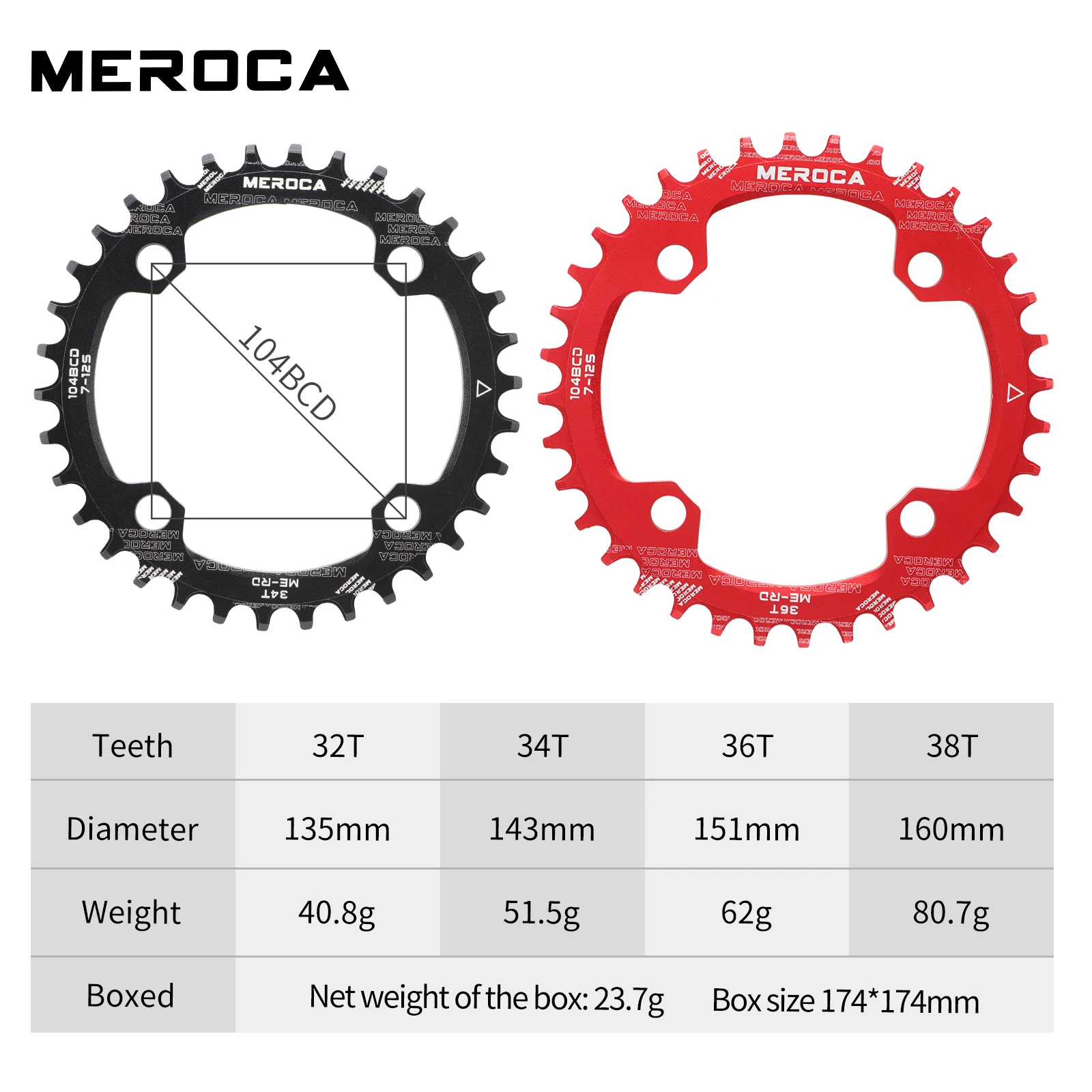Bike Chainring MEROCA 104BCD MTB Round Narrow Wide Ultralight Mountain Bike 32T 34T 36T 38T Bicycle Crankset Tooth