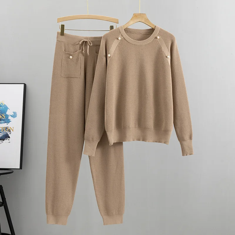 

Autumn Net Red Heavy Work Beaded Knitted Sweater Pants Fashionable Foreign Style Women's Two Piece Set European Fashion