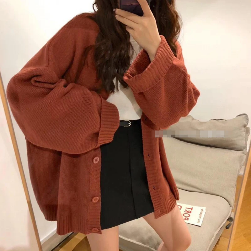 Fashion Autumn and Winter New Women's Cardigan Long-sleeved Loose Sweater Retro Solid Color Knitwear Single-breasted Jacket