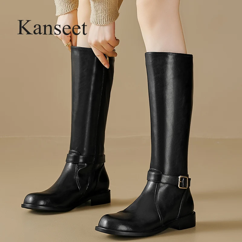 

Kanseet New Women's Knee-High Boots 2023 Autumn Winter Belt Buckle Genuine Leather Low Heels Handmade Lady Shoes Slim Long Boots