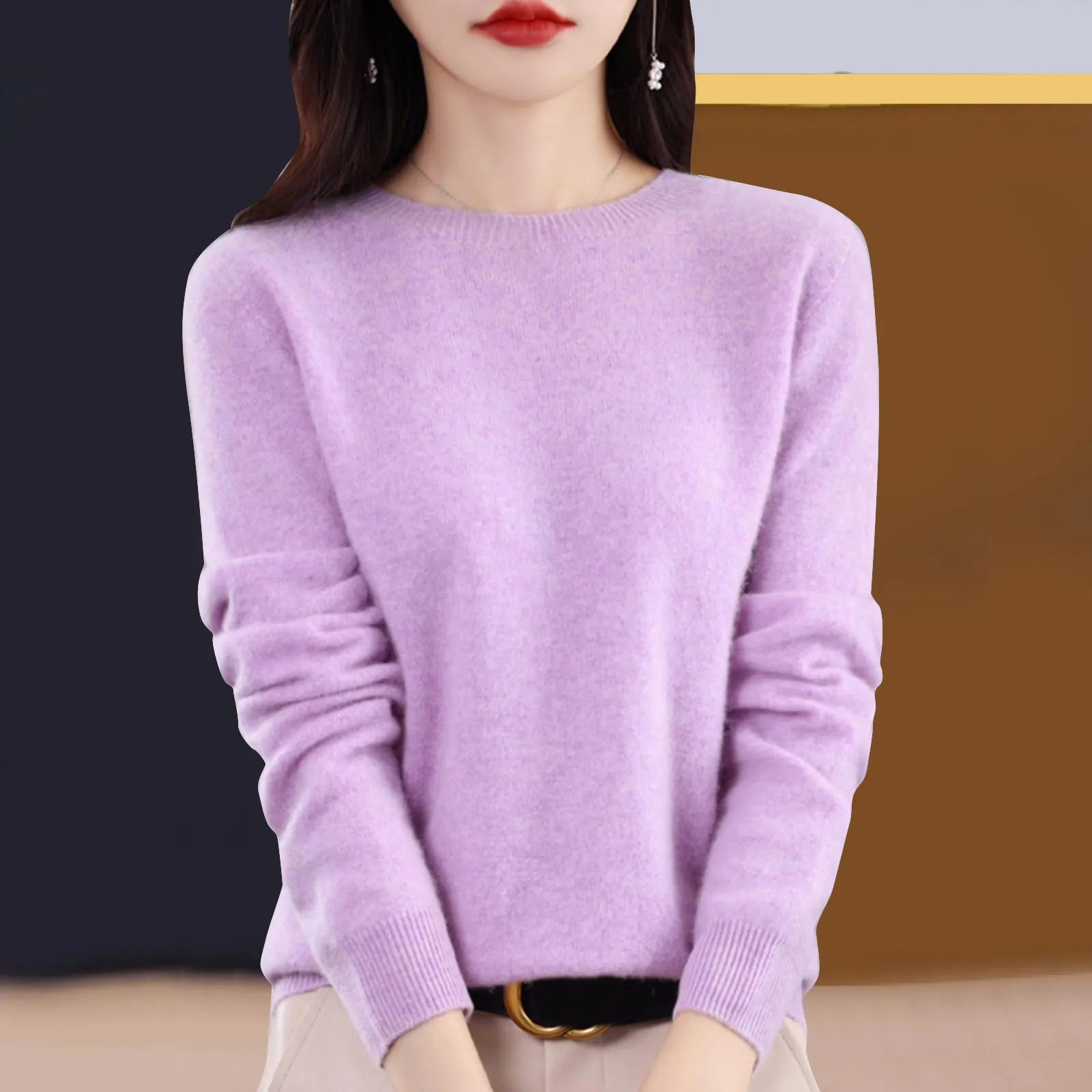thumbnail image 1 of Suéter de cachemira de lana para mujer, jersey de primera línea con cuello redondo, suéter de punto holgado y cálido para otoño e invierno, top básico de color sólido de manga larga, 1 of 5