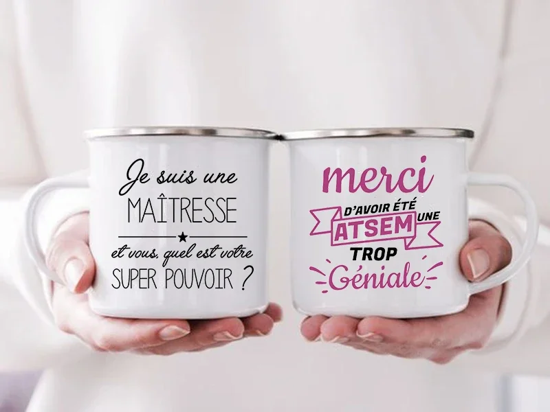 

Merci Maîtresse Super Atsem Print Mugs Creative Coffee Cups Drinks Water Milk Cup Enamel Mug School Home Handle Drinkware Gifts