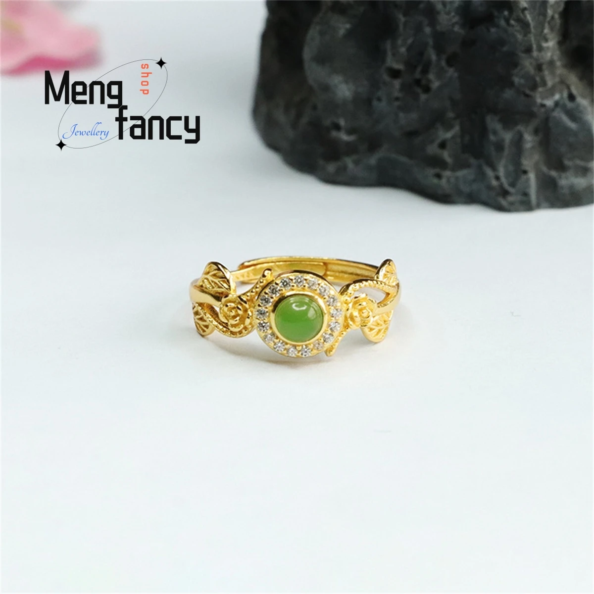 

Natural S925 Silver Inlaid Hetian Jasper Flower Leaf Opening Ring Simple Generous Personality Fashion Women Couple Fine Jewelry