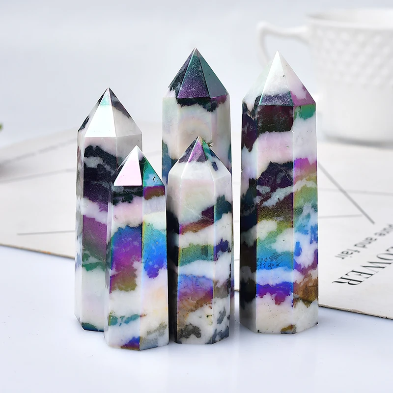 Natural Aura Stone Crystal Point Healing Obelisk Black and White Zebra Quartz Wand Home Decor Pyramid Ornament