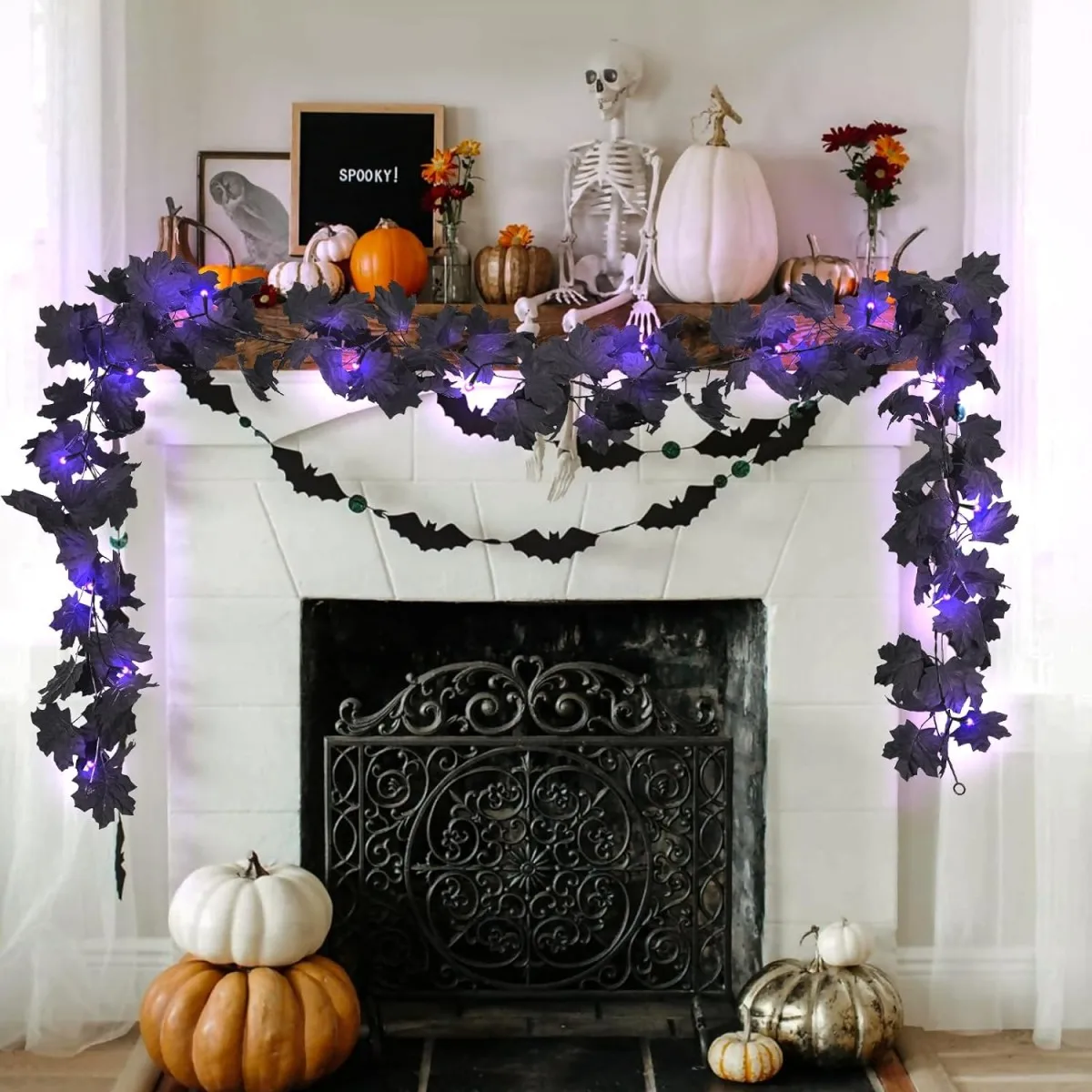 Halloween LED Black Leaf Garland - Battery Powered Fall Vine with Purple Lights