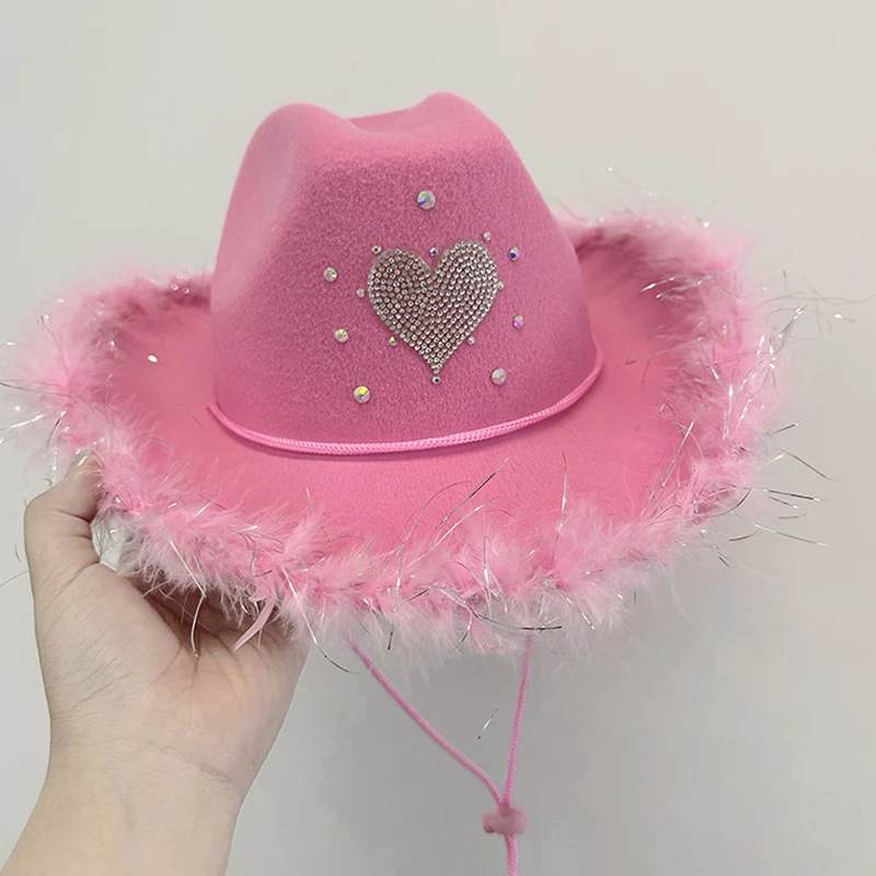 Women Cowgirl Hat Rhinestone Heart Fuzzy Trim Wide Brim Cap for Fiancee Shower Bachelor Parties Cowboy Hats