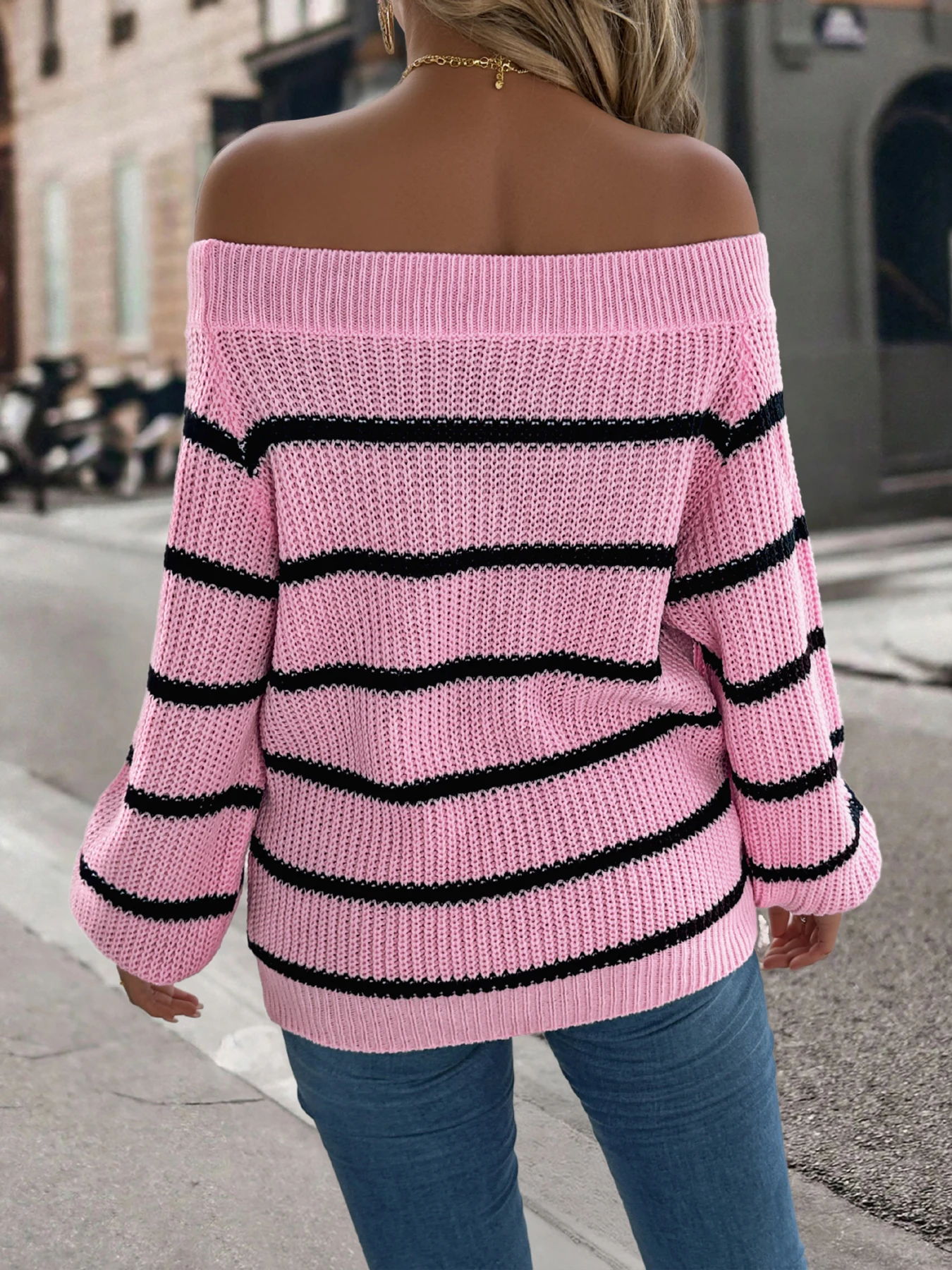 Pink Off Shoulder Striped Sweater for Women