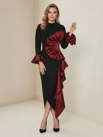 Freeacy Women's Black Red Ruffled Dress High Neck Long Sleeves High Waist Slim Fit Midi Dress Female Elegant Evening Dresses - Image 3