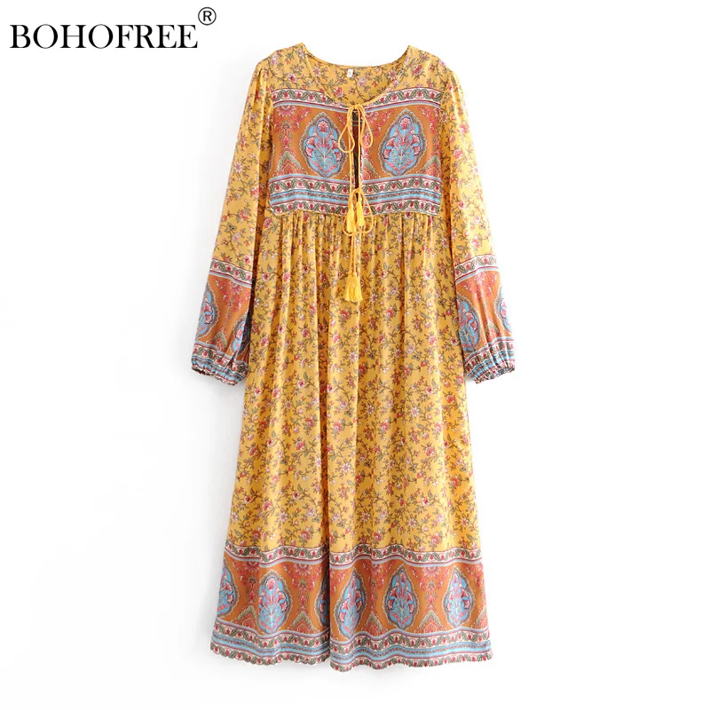 

Drop Shipping Folk Dress Floral Print Hippie Robe Tunic Dress Long Sleeve Rayon Cotton Women Vestidos