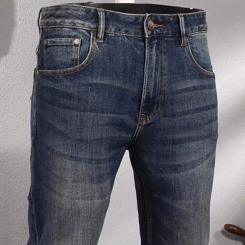 Fashion Vintage Men Jeans High Quality Retro Washed Blue Stretch Elastic Slim Jeans Men Casual Designer Denim Pants Hombre