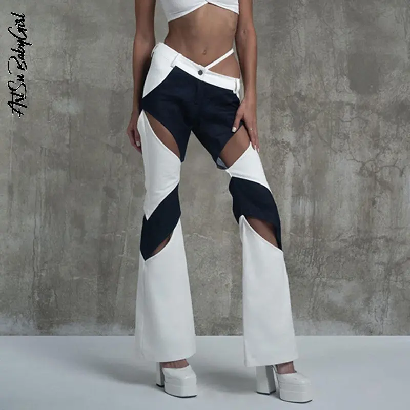 

Flared Trousers Women Patchwork Baggy Pants Streetwear Y2k Fairy Grunge Joggers Sweatpants Hollow Out Pants Summer Woman Clothes
