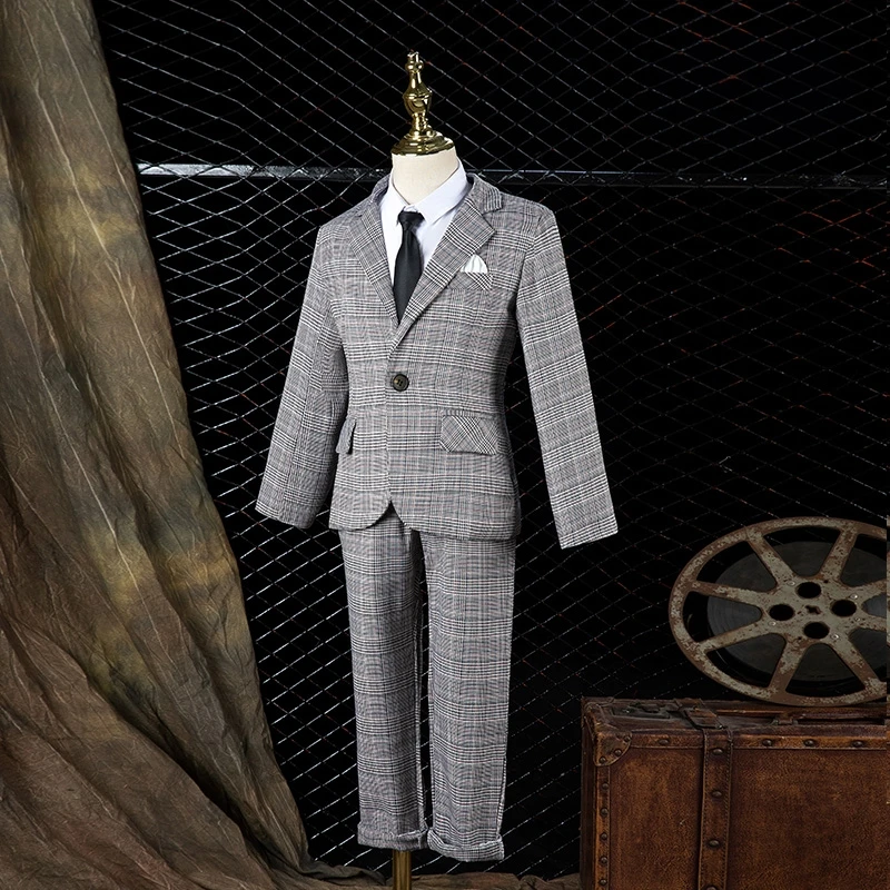 Boys Wedding Party Dress Formal Suit Set Childrens Spring Autumn Blazer Pants 2pcs Clothes Kids Birthay Performance 