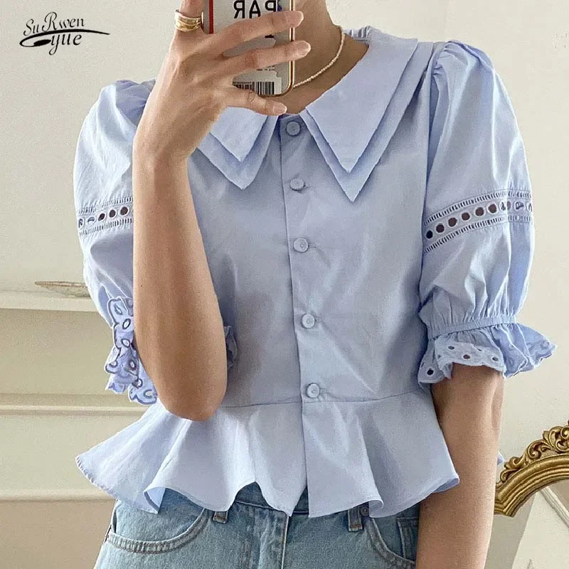 

Summer lapel elegant solid color blouse retro fashion lace top dress chic hollow short-sleeved blouse 14858