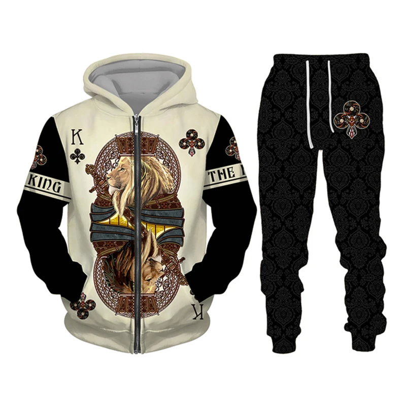 

Spring and Autumn Men's Zippered Hoodie and Pants Set Poker Lion Pattern Long Sleeve Clothing Hip-Hop Casual Hooded Coat 6XL