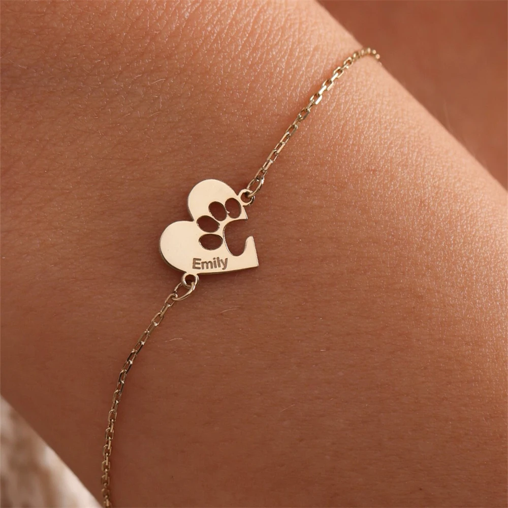 Cute Paw Print Heart Bracelet Personalized Pet Memorial - PeticaDeals