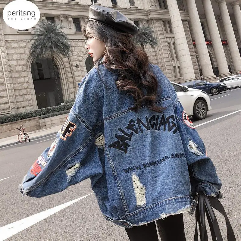 

2024 BF Harajuk Big Loose Denim Jacket Women Embroidery Jeans Coat Hip Hop Hole Single Breasted Jeans Jacket Casual Women Jacket