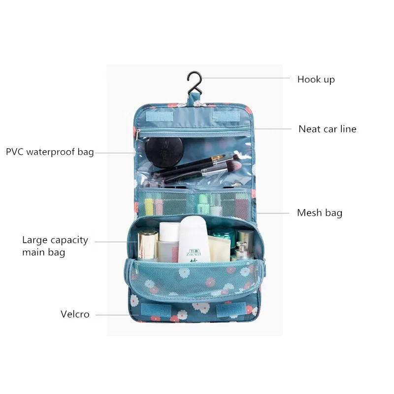 Nylon Hook Up Cosmetic Bag Women Travel Toiletries Storage Bag High Quality Waterproof Makeup Pouch Ladies Make-up Beauty Bag