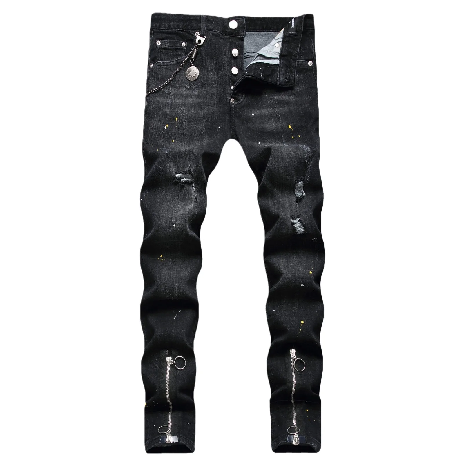 European and American fashion brand black trouser legs double zipper decorative point paint hanging  stretch jeans men