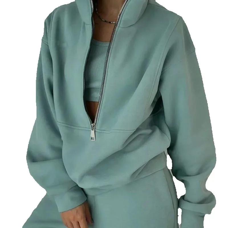 2024 Autumn/winter New Women's Fashion Fleece Thick Sports Leisure Solid Color Zipper Long Sleeve Pants Two-piece Women's Suit