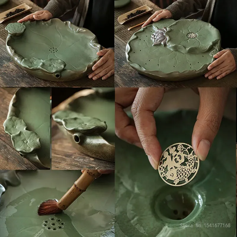 Chinese Style Ceramic Dry Tea Making Platform Household, Office Water Storage Type, Lotus Leaf Tea Tray, Drainage Tray, Creative
