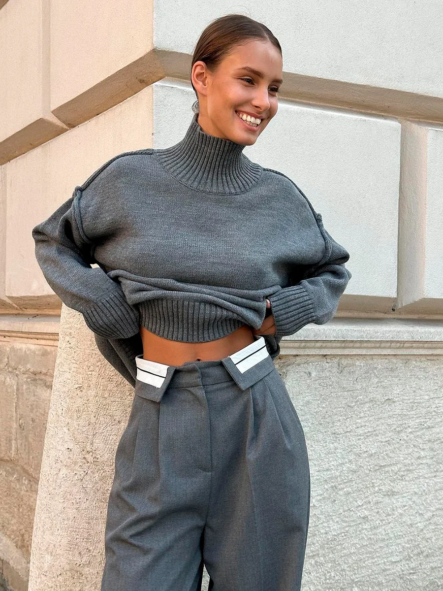 Winter Knit Turtleneck Pullover Female Clothes Loose Casual Ribbed Patchwork Long Sleeve Oversized Sweater Women Knitwear