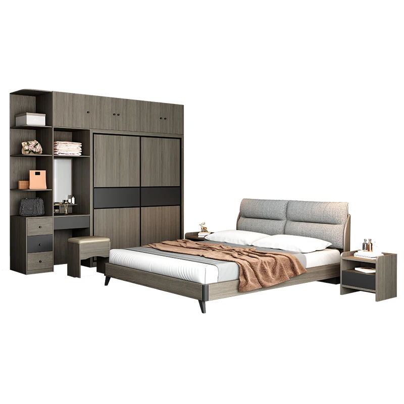 Villa MDF Modern Set Furniture Grey Tatami Hotel Bedroom Suites Bed With Storage Nightstand Wardrobe Desk