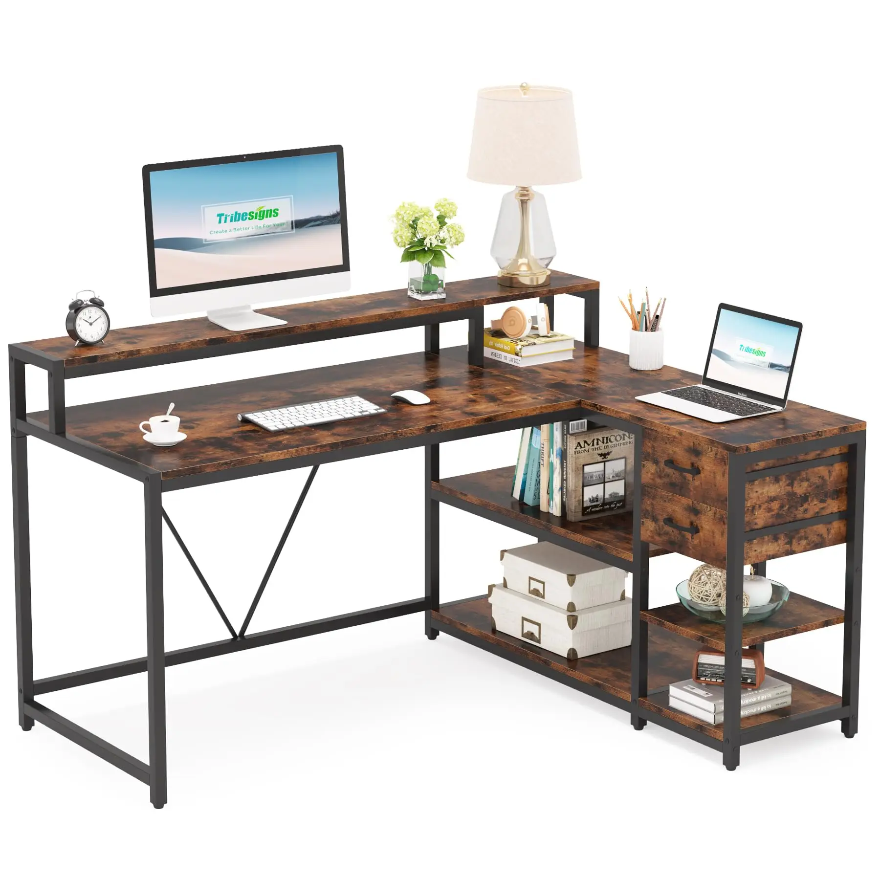 Tribesigns reversible L shaped electric computer desk with drawer industrial corner desk home office table with shelves and monitor stand