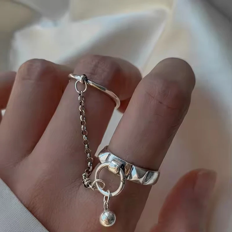 PANJBJ 925 Sterling Silver Retro Round Ring For 2 Rings Women Chain Vintage Fine Jewelry Minimalist Accessories Gift