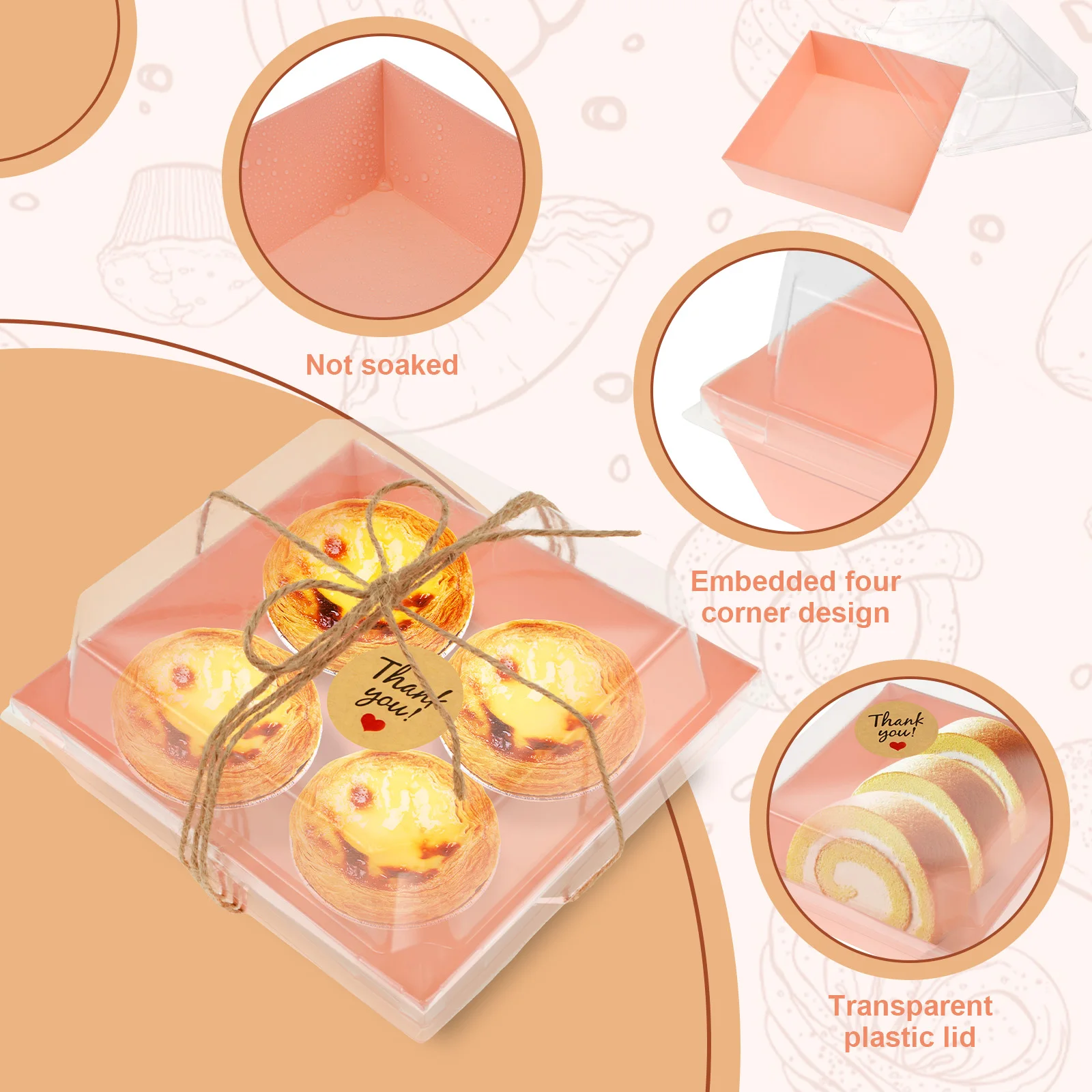 50Pcs Paper Dessert Boxes Set with Clear Lids Leak Proof Cake Storage Box Reusable Paper Cake Slice Containers for Mini Cakes