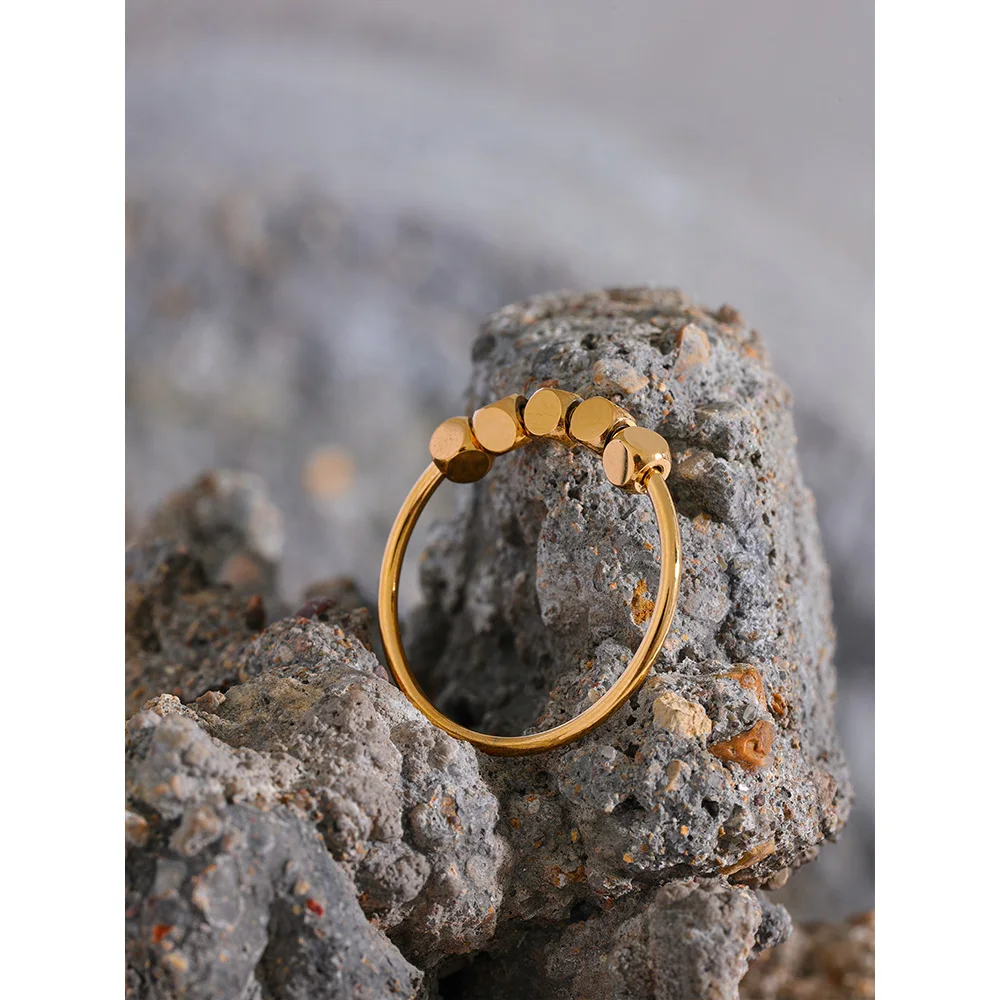 Yhpup Stainless Steel Square Beads Ring Women Fashion