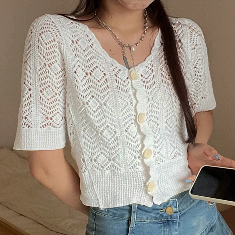 

Женская ажурная Прозрачная кружевная рубашка, элегантная однобортная блузка с круглым вырезом и рукавами-фонариками, блестящая уличная одежда